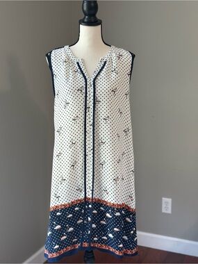 Coastal White and Navy Nautical Chic Polka Dot Midi Dress Flamingo Borde